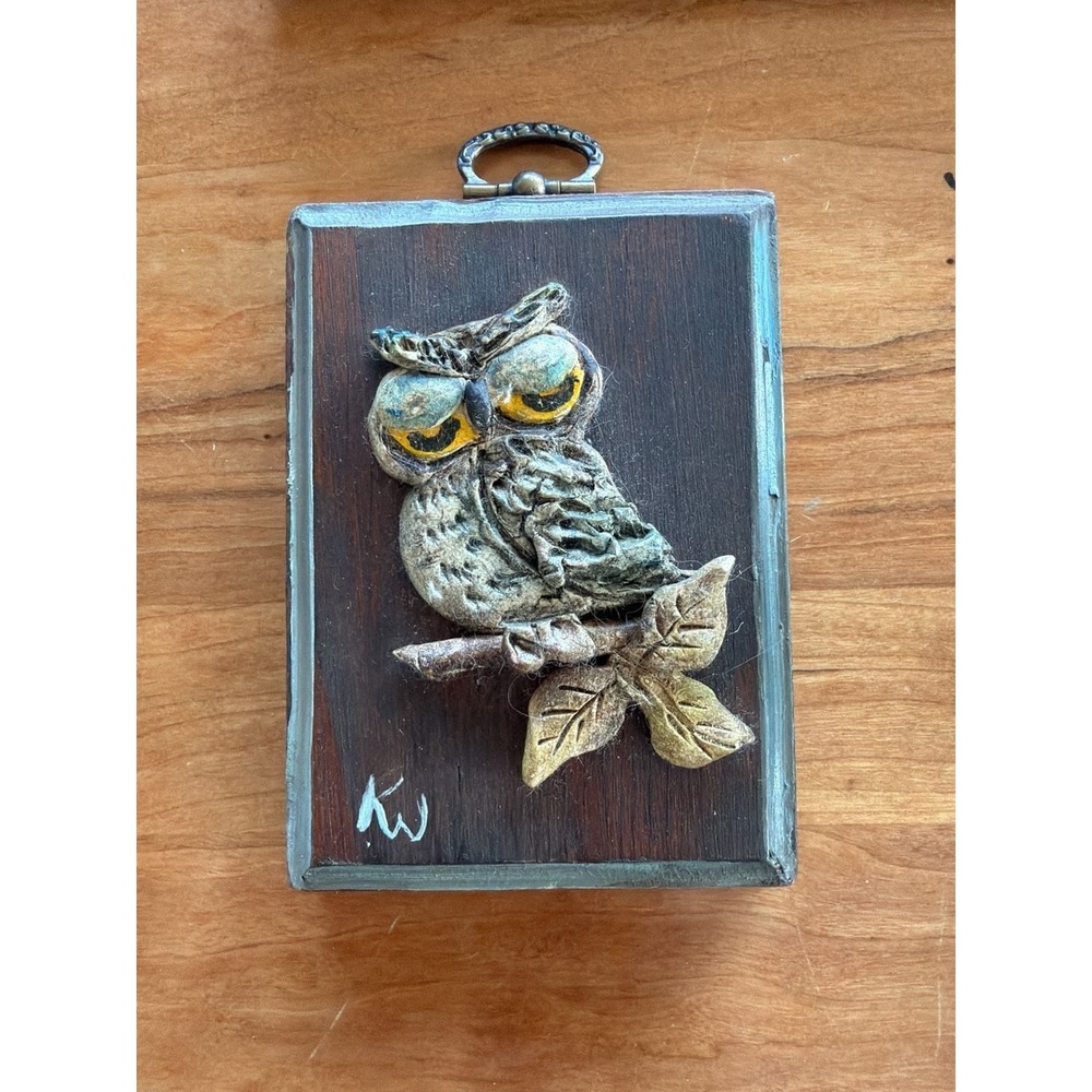 Vintage Hand-Painted Mixed Media 3D Owl Wall Plaque on Rustic Wood
